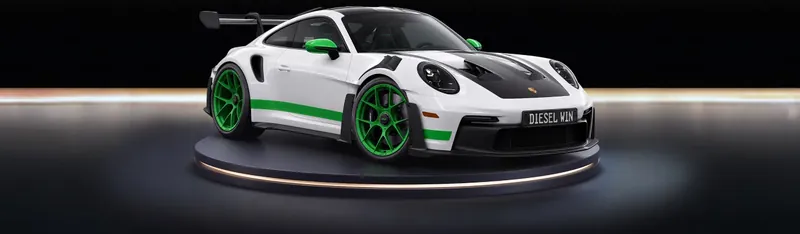 DieselWin free spins: witte supercar op het podium uit de shopbanner